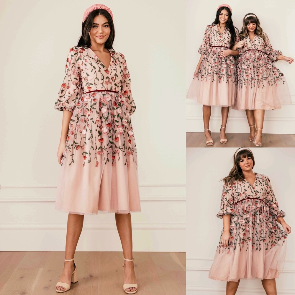 JessaKae Embroidered Holly Dress Blush Pink Tulle Floral 3/4 Sleeve V-Neck Lined - Picture 10 of 13